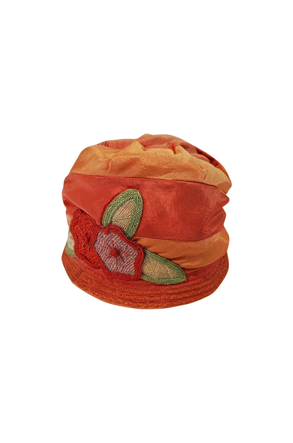 1920s Peach & Coral Silk Floral Applique Flapper Cloche Hat