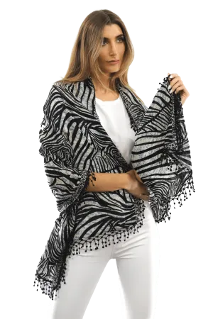 All Over Animal Print with Pom Lace - Ivory Black