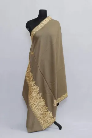 Beige Colour Semi Pashmina Shawl Enriched With Ethnic Heavy Golden Tilla Embroidery With Running border