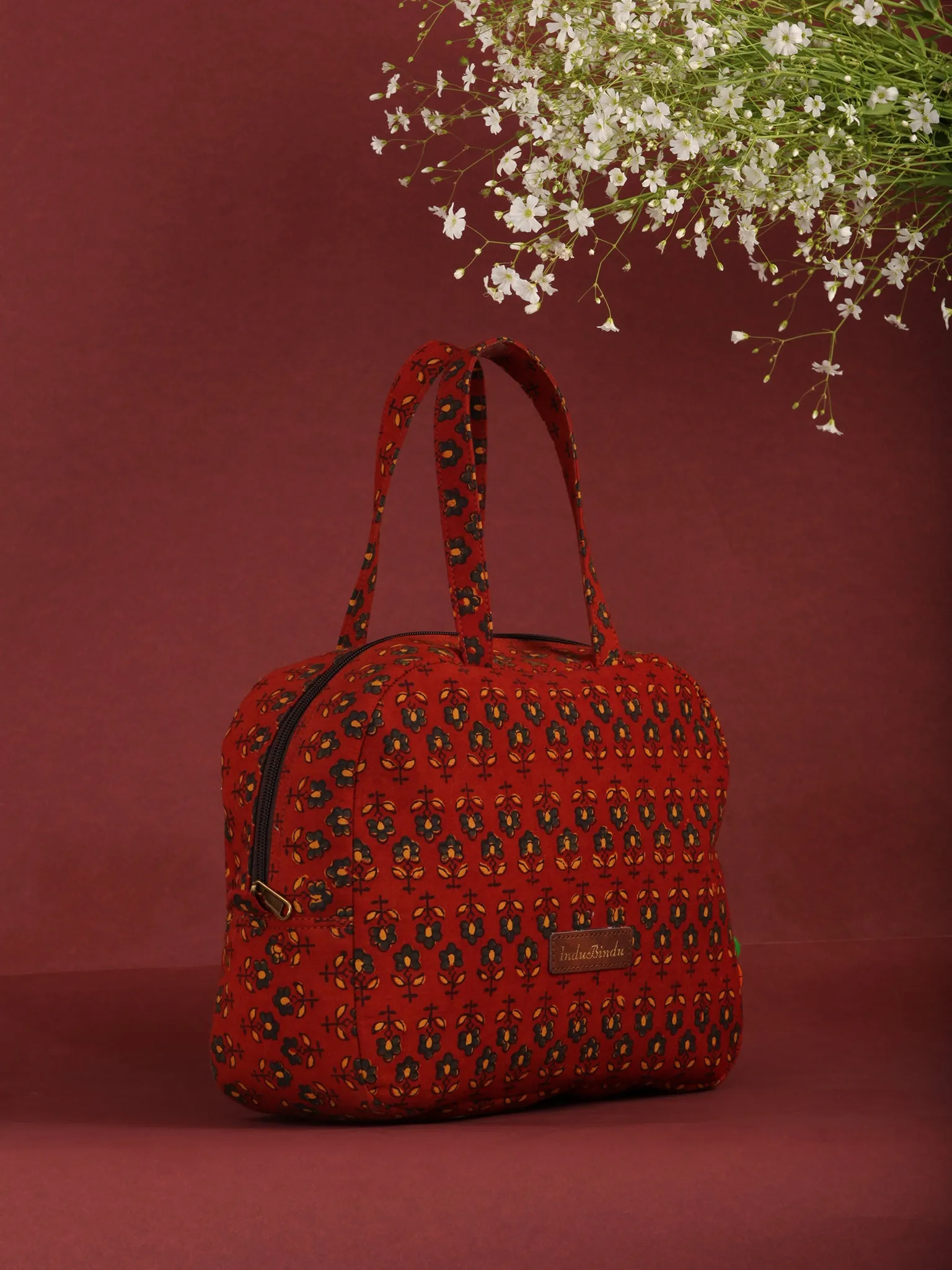 Brick Red Ajrakh Hand Block Printed Bucket Style Hand Bag - B0702