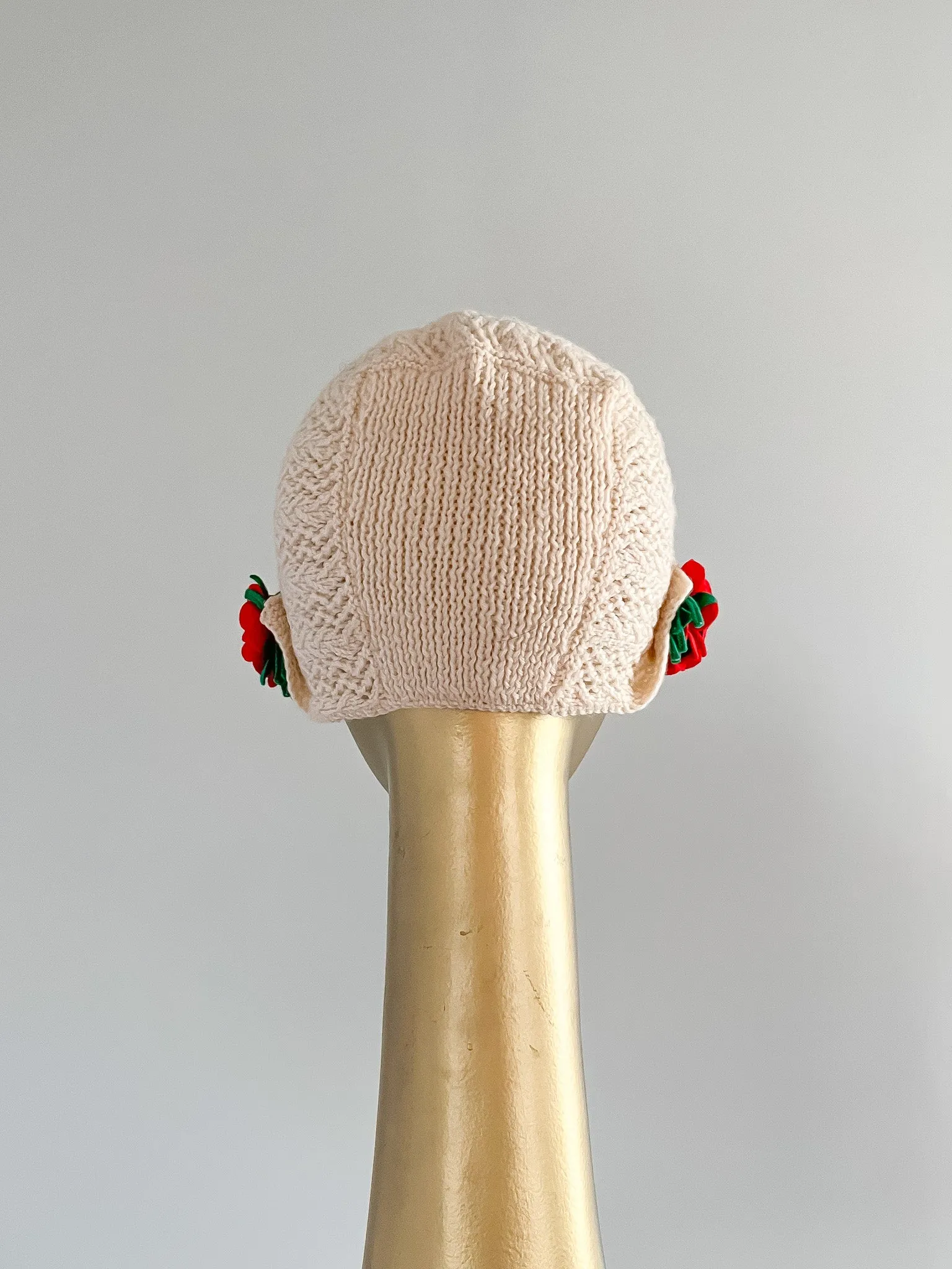 Cutest Ever 1930's Ivory Crochet and Poppies Knit Cloche Hat / OS