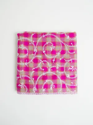 Embroidered Pashmina Shawl in Magenta/Natural Windowpane Check with White Flowers