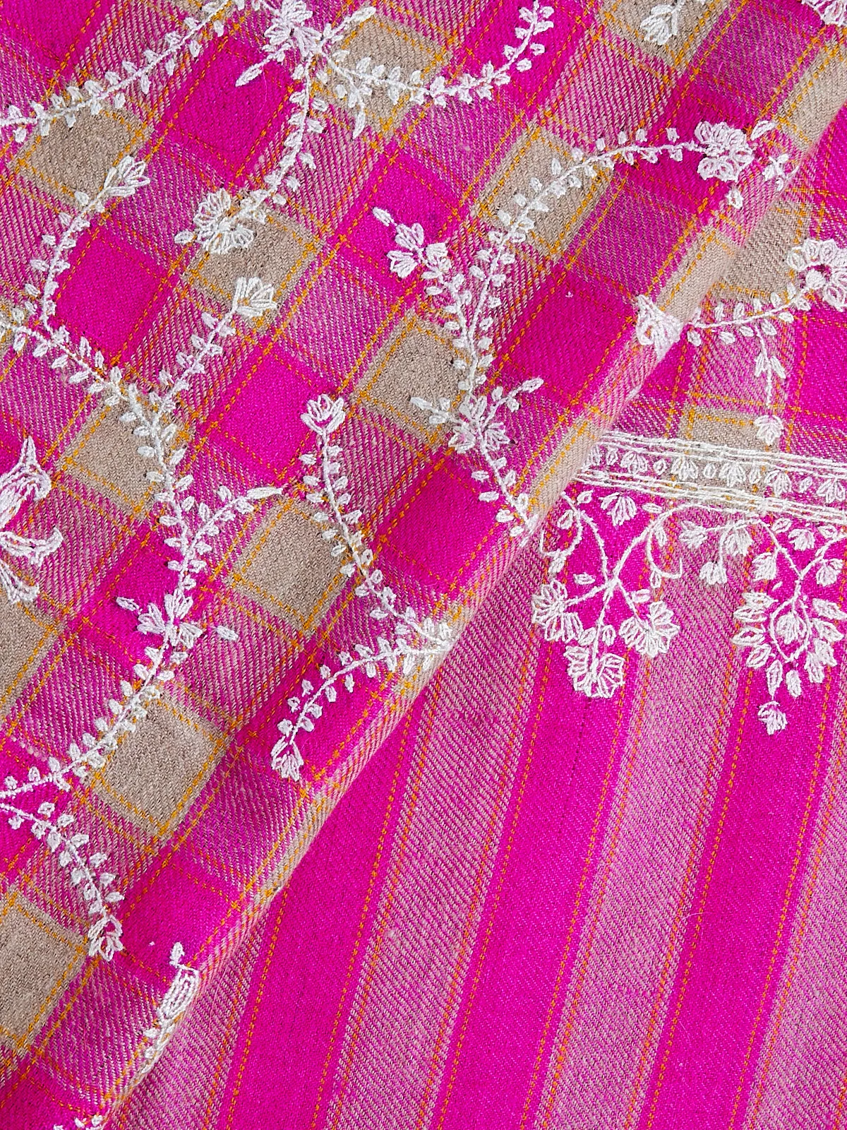 Embroidered Pashmina Shawl in Magenta/Natural Windowpane Check with White Flowers