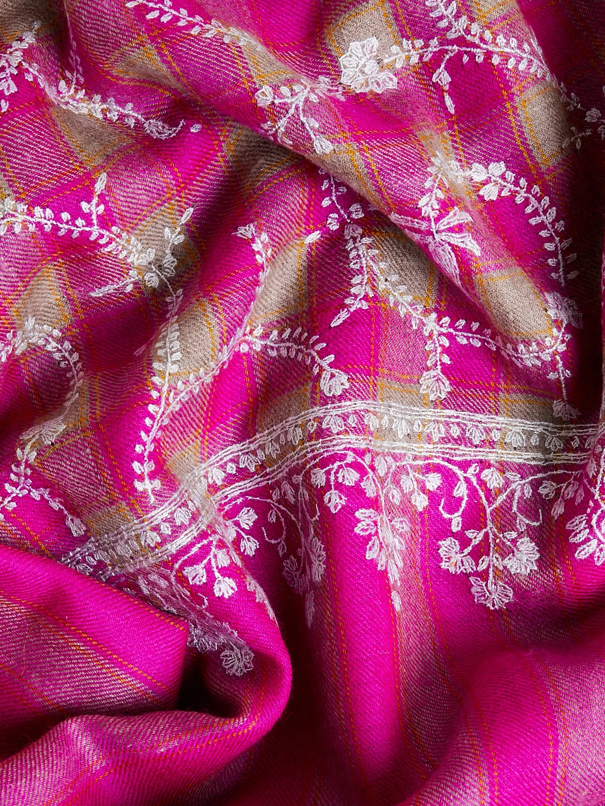 Embroidered Pashmina Shawl in Magenta/Natural Windowpane Check with White Flowers