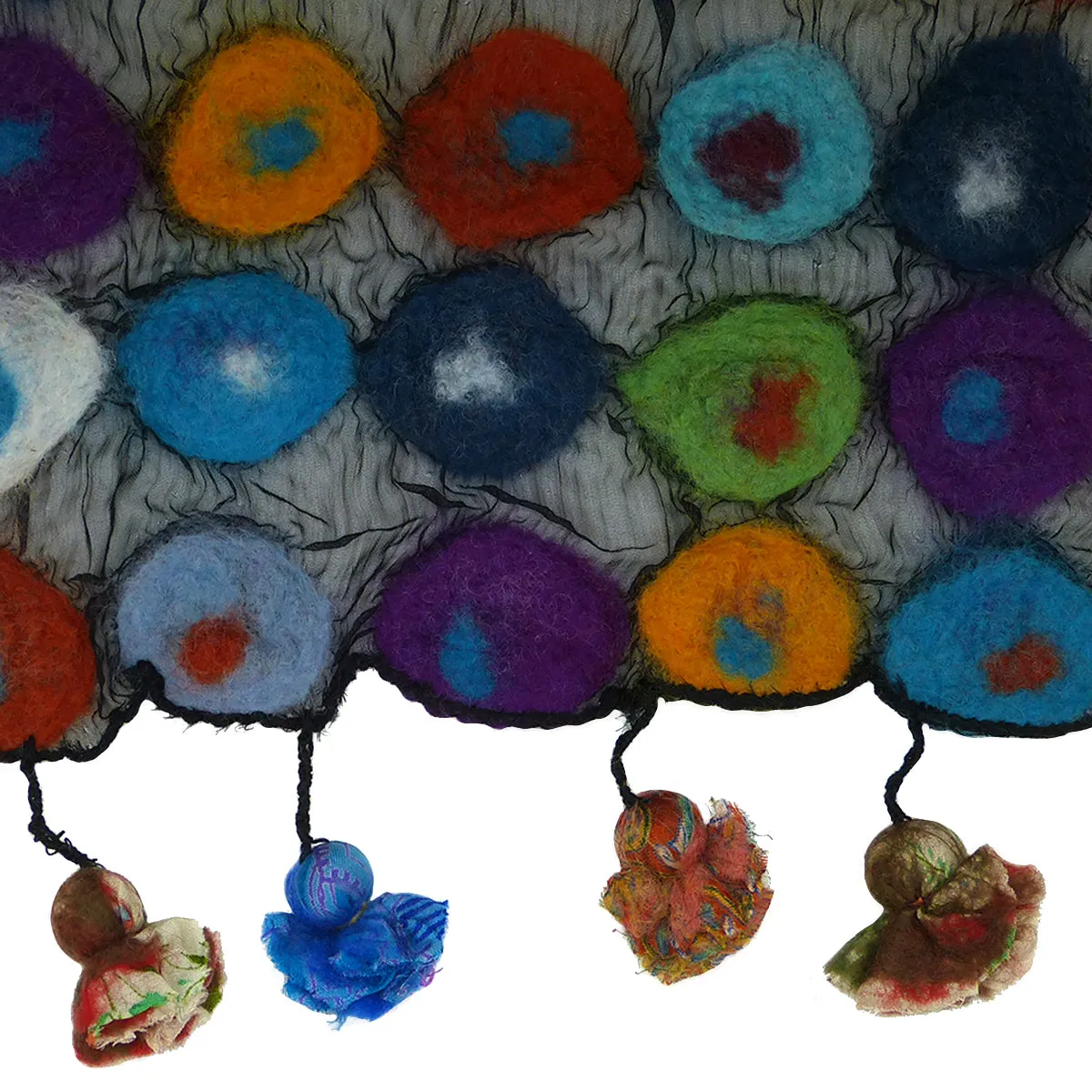 Handmade Felted Merino Wool Chiffon Scarf Wrap Pomegranate Moon Polka Dot 79" x 12"