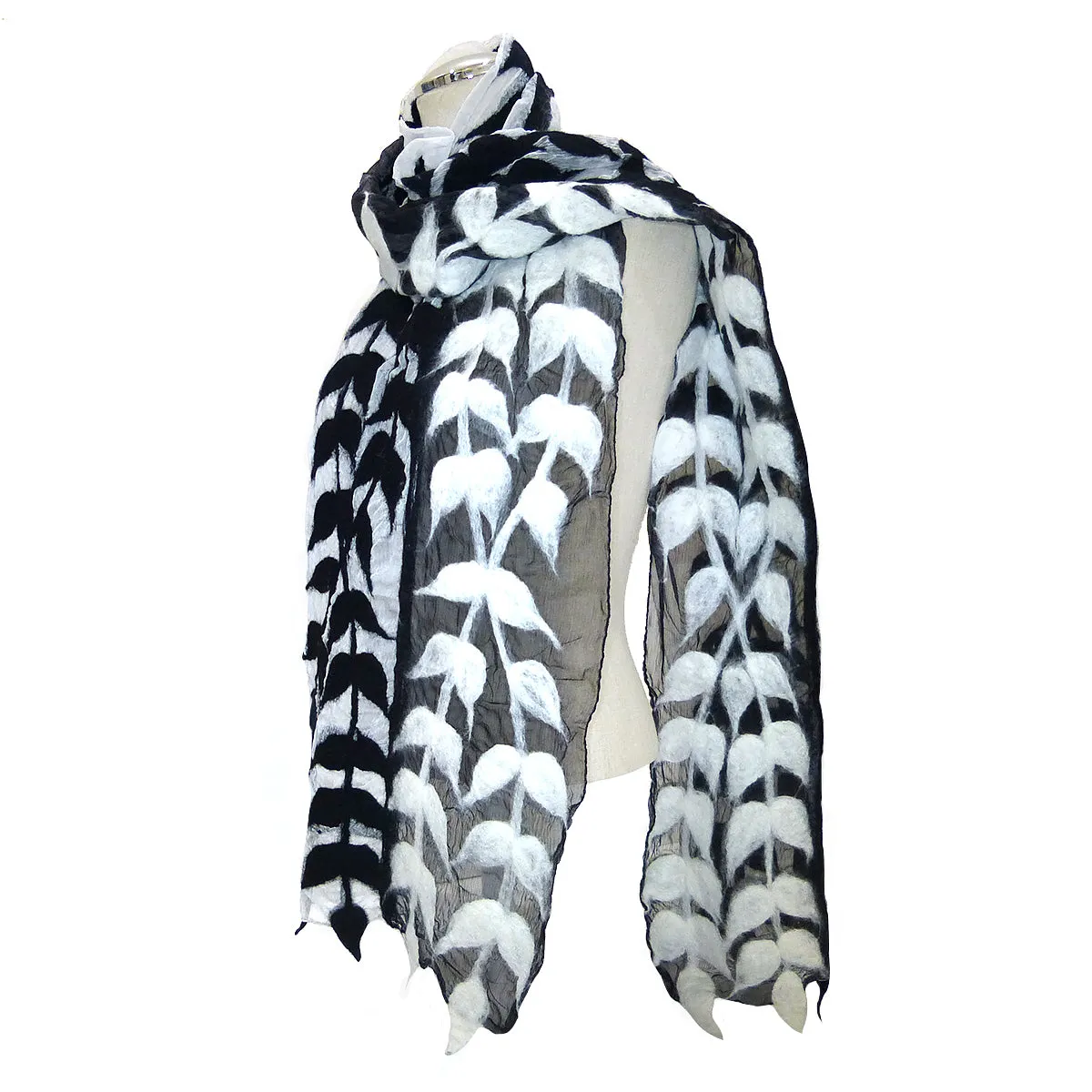 Handmade Felted Merino Wool Chiffon Scarf Wrap Pomegranate Moon Split Vine 76" x 13"