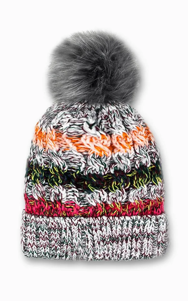 LOH133 Stripe Multi Colored Pompom Beanie Hat