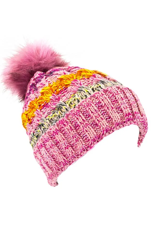 LOH133 Stripe Multi Colored Pompom Beanie Hat