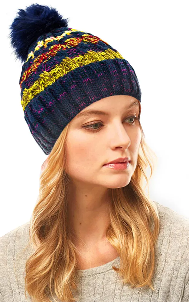 LOH133 Stripe Multi Colored Pompom Beanie Hat