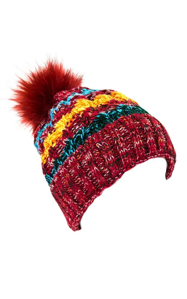 LOH133 Stripe Multi Colored Pompom Beanie Hat