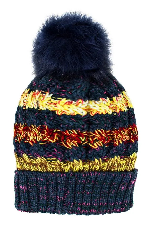 LOH133 Stripe Multi Colored Pompom Beanie Hat