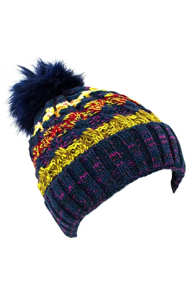 LOH133 Stripe Multi Colored Pompom Beanie Hat