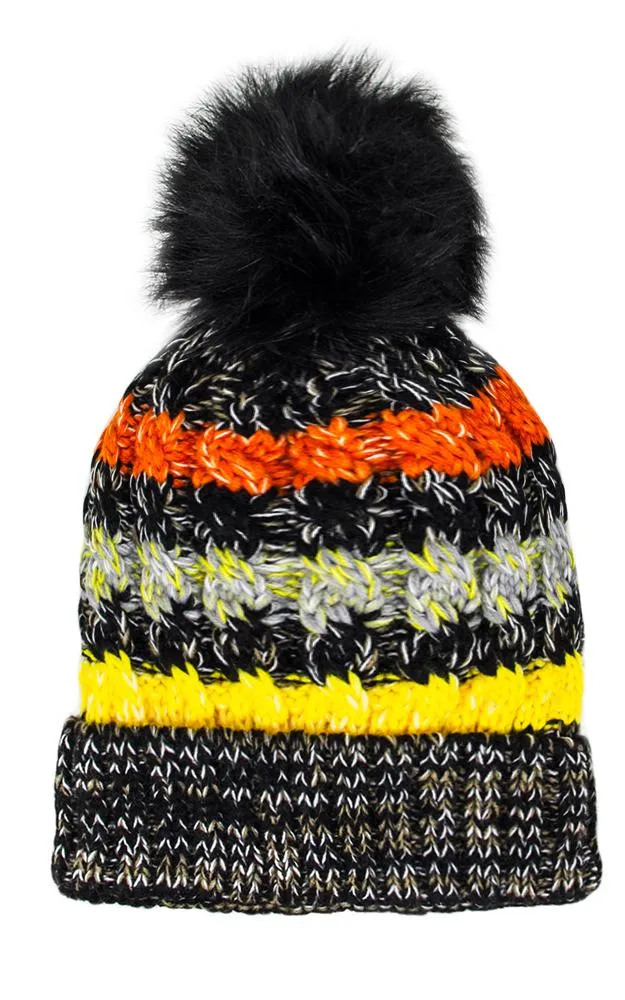 LOH133 Stripe Multi Colored Pompom Beanie Hat