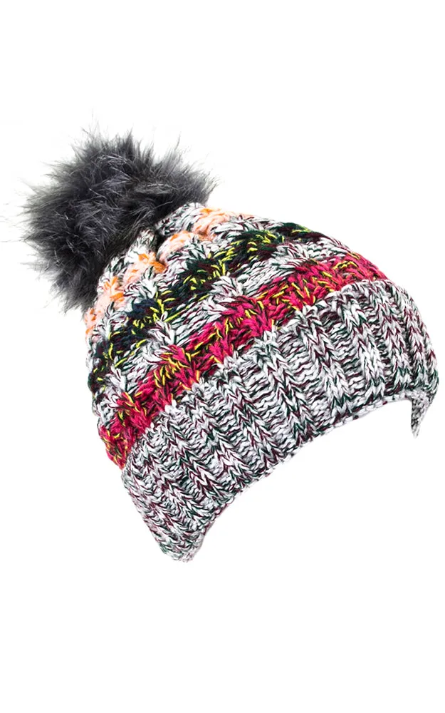 LOH133 Stripe Multi Colored Pompom Beanie Hat