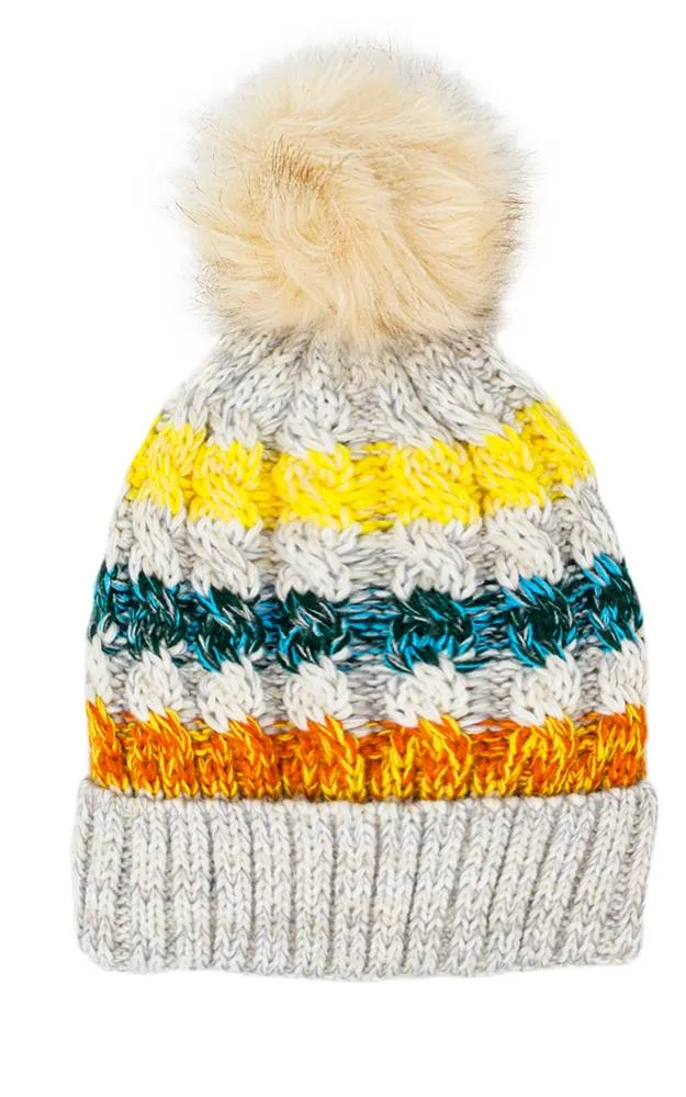 LOH133 Stripe Multi Colored Pompom Beanie Hat