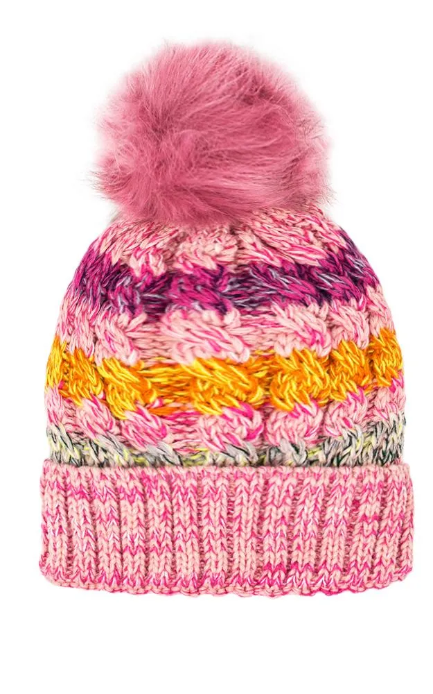 LOH133 Stripe Multi Colored Pompom Beanie Hat