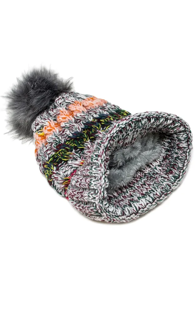 LOH133 Stripe Multi Colored Pompom Beanie Hat