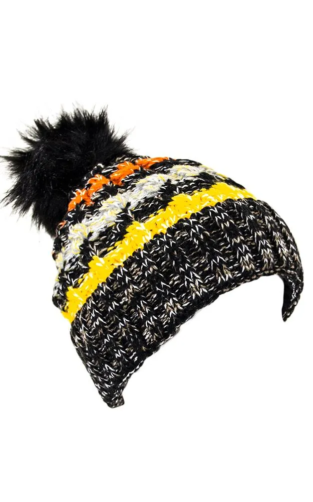 LOH133 Stripe Multi Colored Pompom Beanie Hat