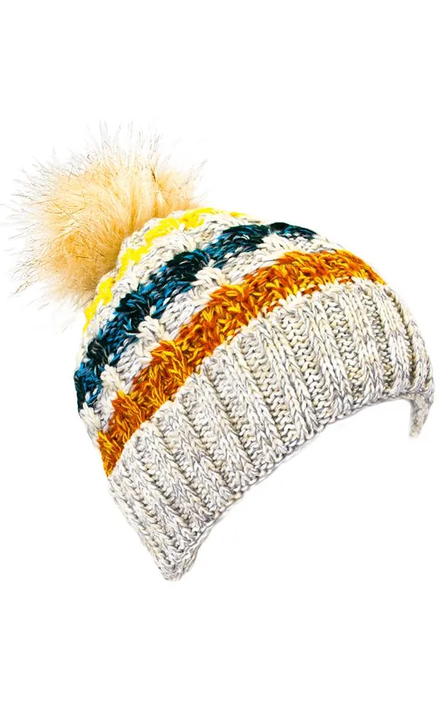 LOH133 Stripe Multi Colored Pompom Beanie Hat