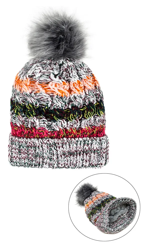 LOH133 Stripe Multi Colored Pompom Beanie Hat
