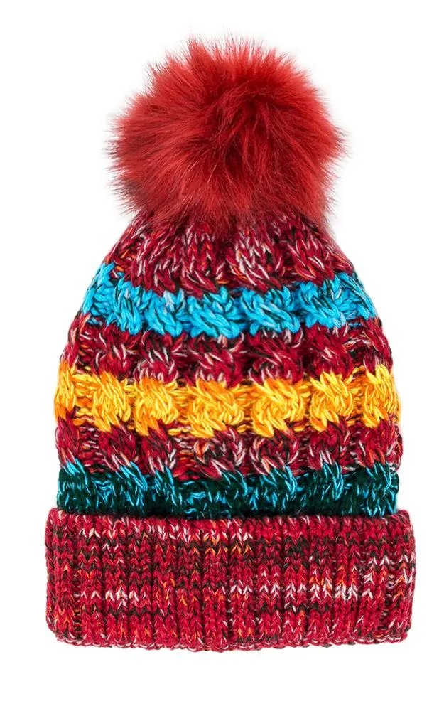 LOH133 Stripe Multi Colored Pompom Beanie Hat