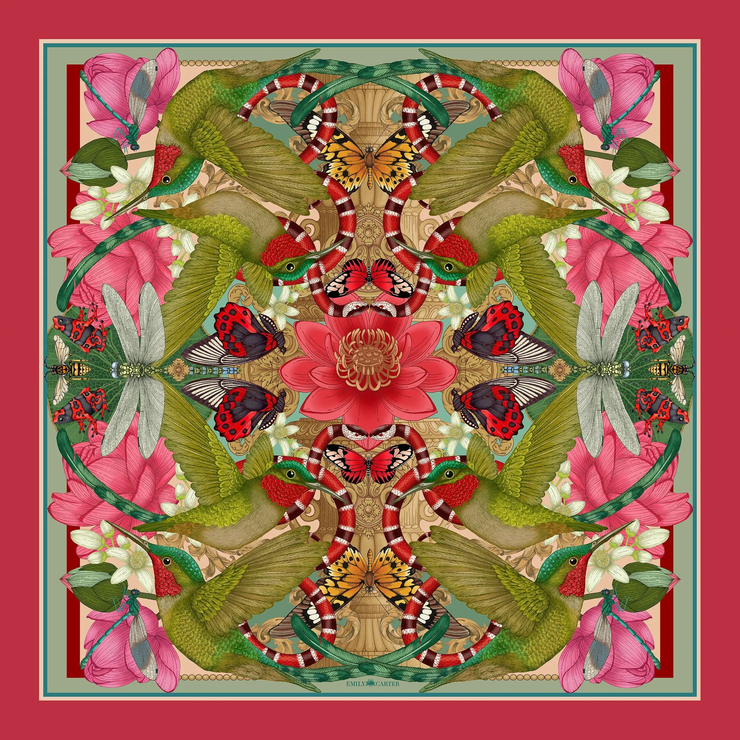 The Hummingbird & Lotus Silk Scarf | 65x65cm [Preorder]
