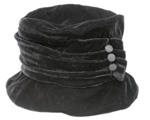 Velvet Cloche Hat with Button Details ~ Black