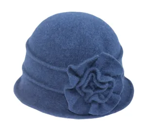 Wool Cloche Hat with Big Flower ~ Navy Blue